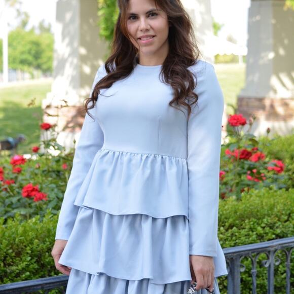 Amalfi Sky Blue Ruffle Tiered Midi Dress Long Sleeve Modest Elegant NWT - Picture 3 of 7